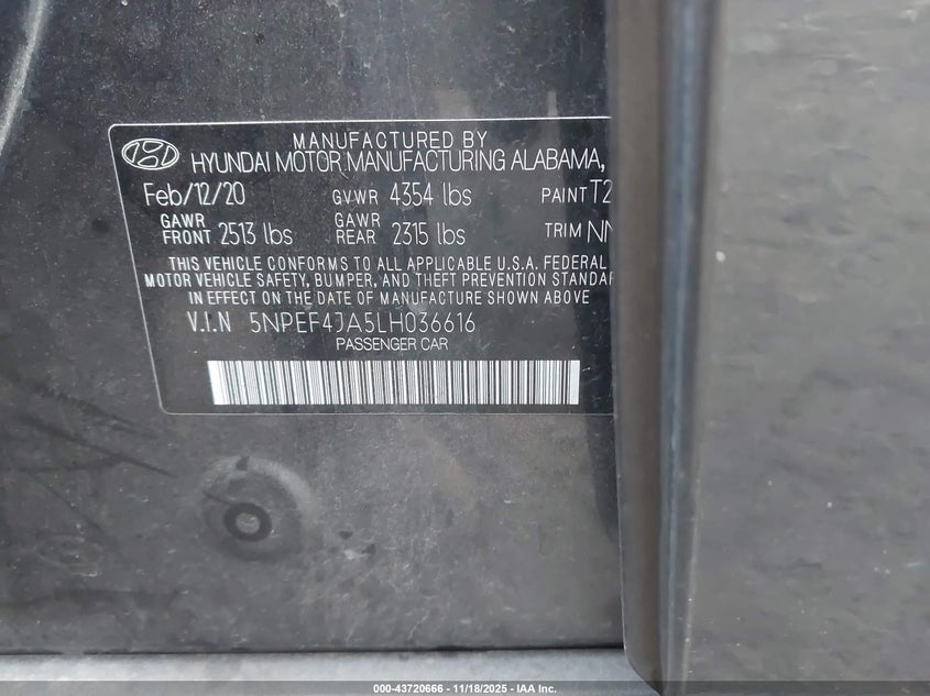 2020 Hyundai Sonata Sel VIN: 5NPEF4JA5LH036616 Lot: 43720666