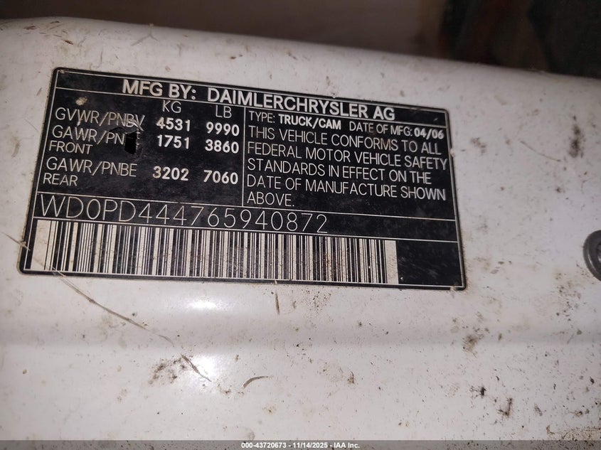 2006 Dodge Sprinter Van 3500 Shc VIN: WD0PD444765940872 Lot: 43720673