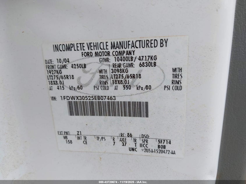 2005 Ford F-350 Lariat/Xl/Xlt VIN: 1FDWX30525EB07463 Lot: 43720674