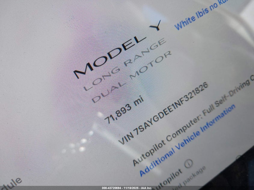 2022 Tesla Model Y Long Range Dual Motor All-Wheel Drive VIN: 7SAYGDEE1NF321826 Lot: 43720694