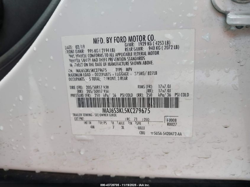 2019 Ford Ecosport Titanium VIN: MAJ6S3KL5KC279675 Lot: 43720705
