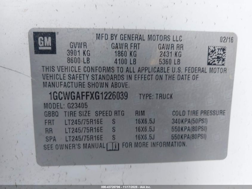 2016 Chevrolet Express 2500 Work Van VIN: 1GCWGAFFXG1226039 Lot: 43720706