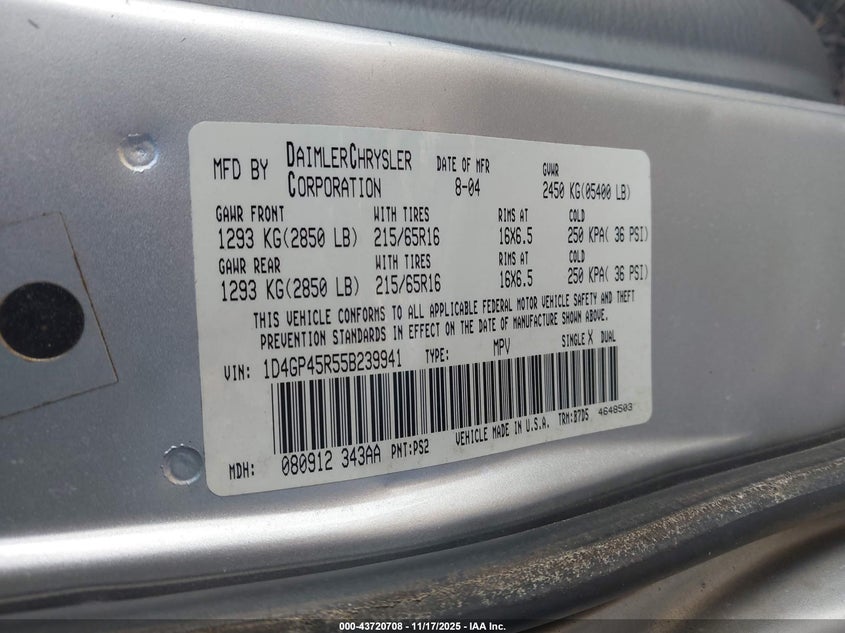 2005 Dodge Caravan Sxt VIN: 1D4GP45R55B239941 Lot: 43720708