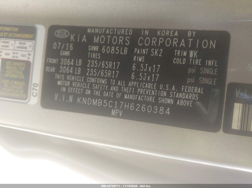 2017 Kia Sedona Lx VIN: KNDMB5C17H6260384 Lot: 43720711