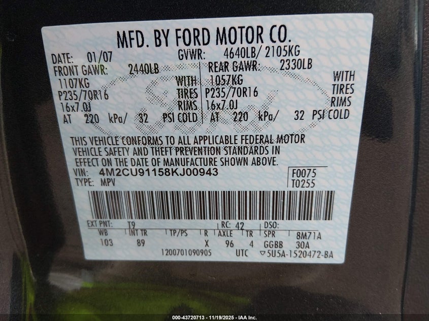 2008 Mercury Mariner V6 VIN: 4M2CU91158KJ00943 Lot: 43720713