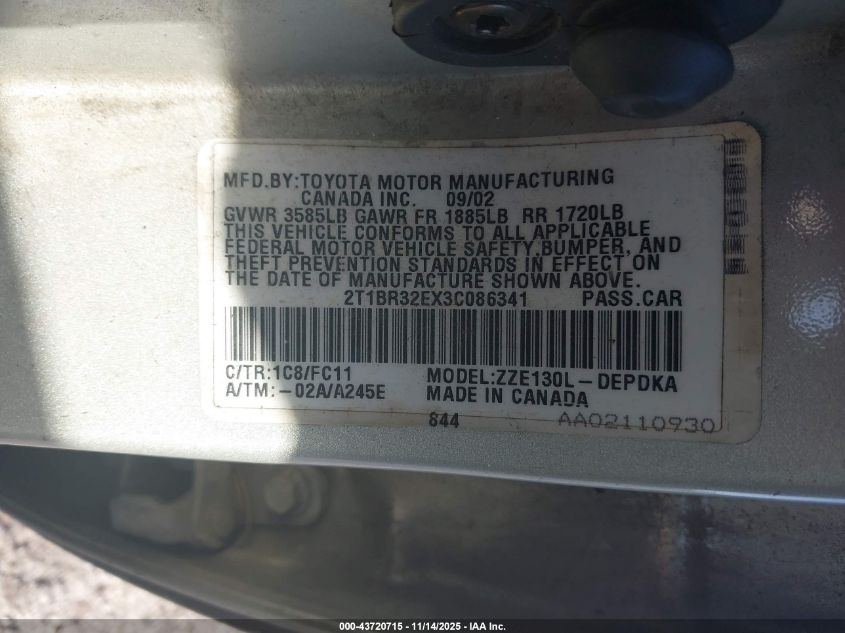 2003 Toyota Corolla Ce VIN: 2T1BR32EX3C086341 Lot: 43720715