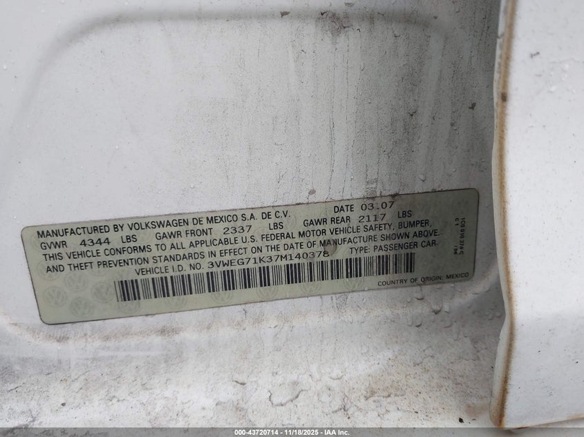 2007 Volkswagen Jetta Wolfsburg Edition VIN: 3VWEG71K37M140378 Lot: 43720714