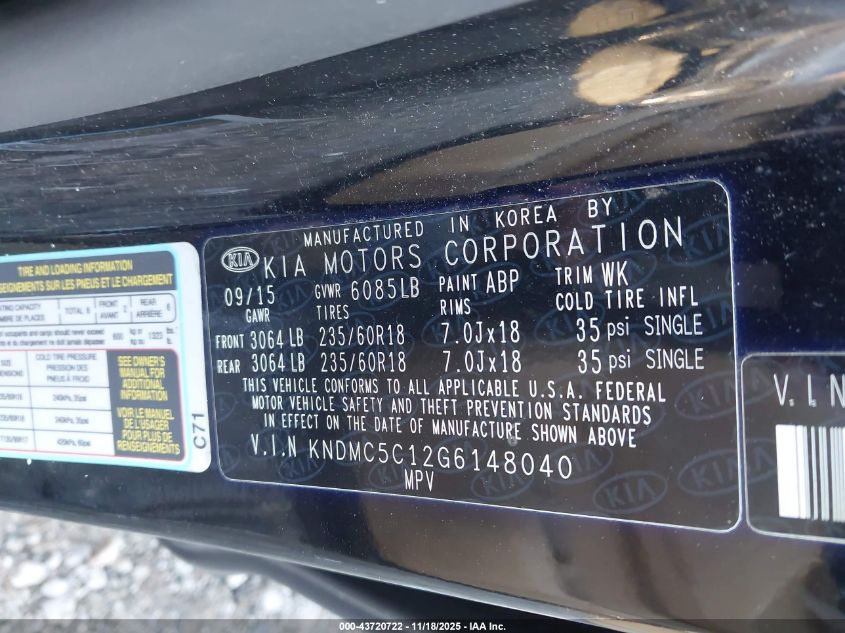 2016 Kia Sedona Ex VIN: KNDMC5C12G6148040 Lot: 43720722