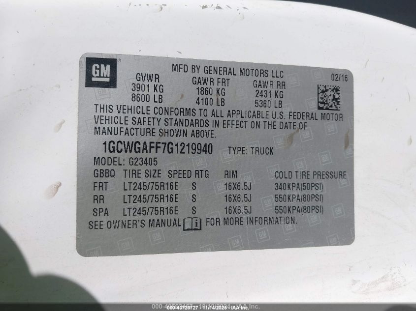 2016 Chevrolet Express 2500 Work Van VIN: 1GCWGAFF7G1219940 Lot: 43720727