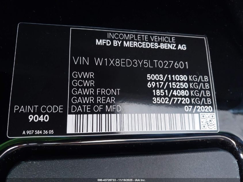 2020 Mercedes-Benz Sprinter 3500Xd High Roof V6 VIN: W1X8ED3Y5LT027601 Lot: 43720733