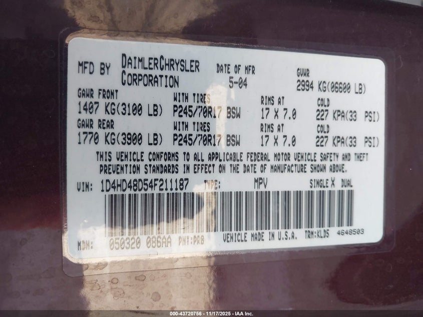 2004 Dodge Durango Slt VIN: 1D4HD48D54F211187 Lot: 43720756