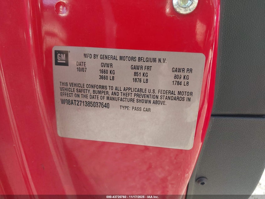 2008 Saturn Astra Xr VIN: W08AT271385037640 Lot: 43720760