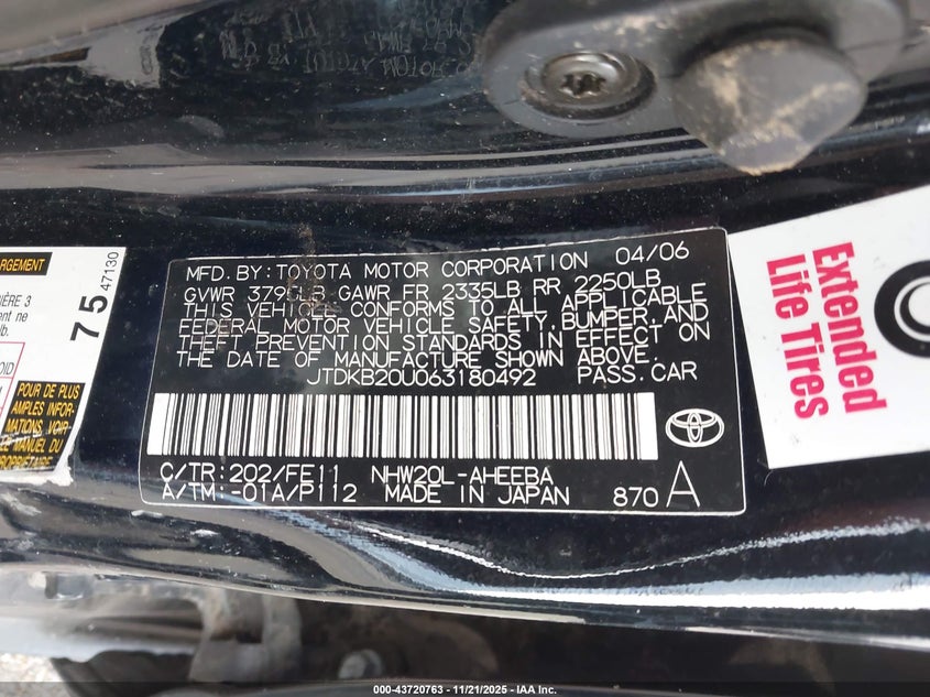 2006 Toyota Prius VIN: JTDKB20U063180492 Lot: 43720763