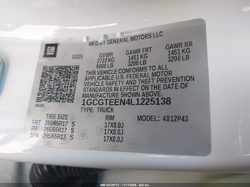 2020 Chevrolet Colorado 4Wd Short Box Zr2 VIN: 1GCGTEEN4L1225138 Lot: 43720772
