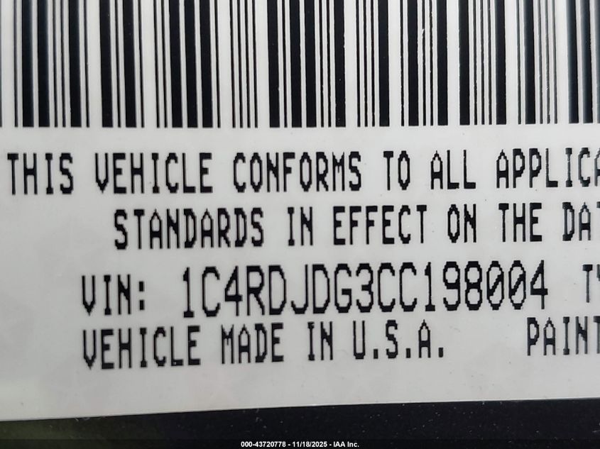 2012 Dodge Durango Crew VIN: 1C4RDJDG3CC198004 Lot: 43720778