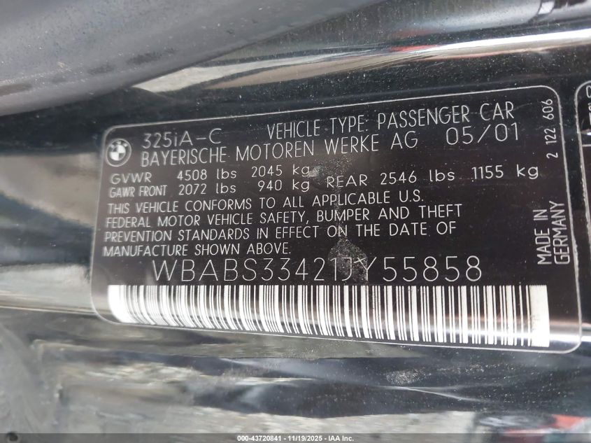 2001 BMW 325Ci VIN: WBABS33421JY55858 Lot: 43720841