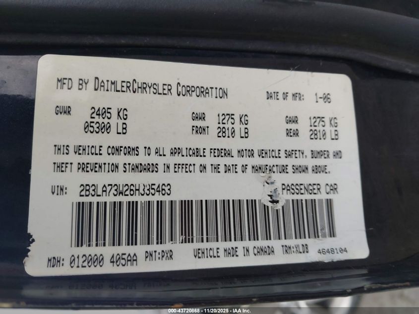 2006 Dodge Charger Srt8 VIN: 2B3LA73W26H335463 Lot: 43720868