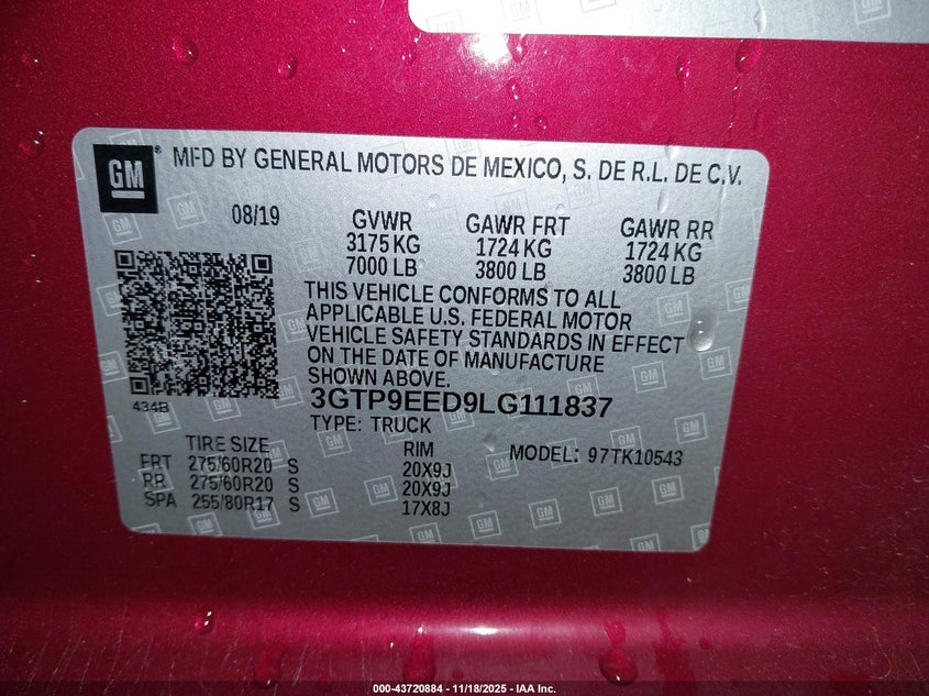 2020 GMC Sierra 1500 4Wd Short Box At4 VIN: 3GTP9EED9LG111837 Lot: 43720884