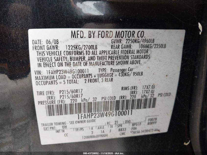 2009 Ford Taurus Se VIN: 1FAHP23W49G100011 Lot: 43720892