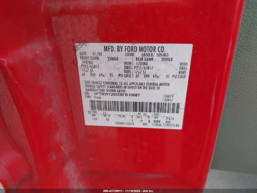 2008 Ford F-150 60Th Anniversary/Fx2/Xl/Xlt VIN: 1FTRW12WX8FB10687 Lot: 43720911