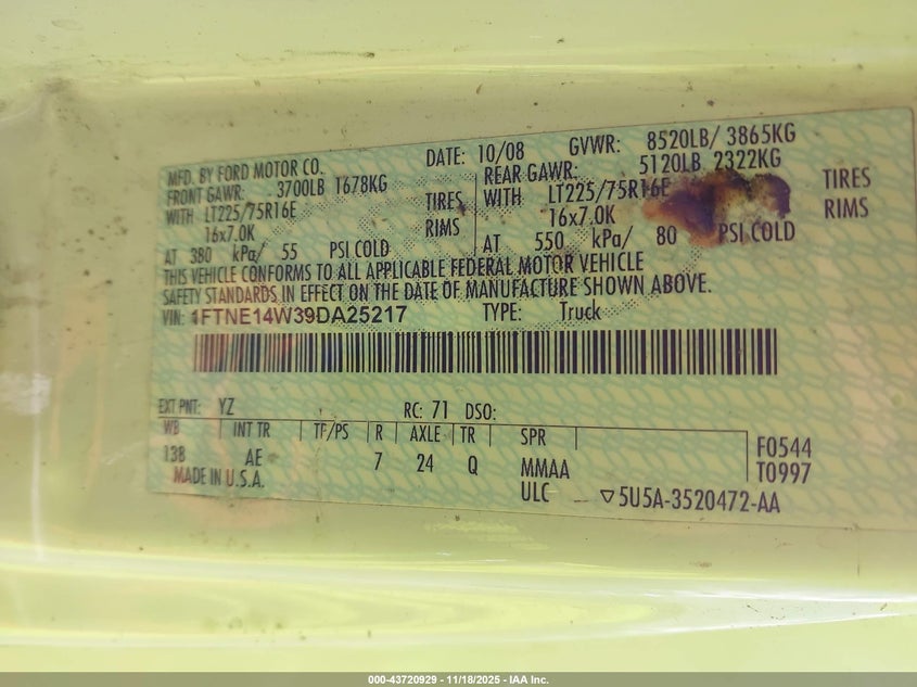 2009 Ford E-150 Commercial/Recreational VIN: 1FTNE14W39DA25217 Lot: 43720929