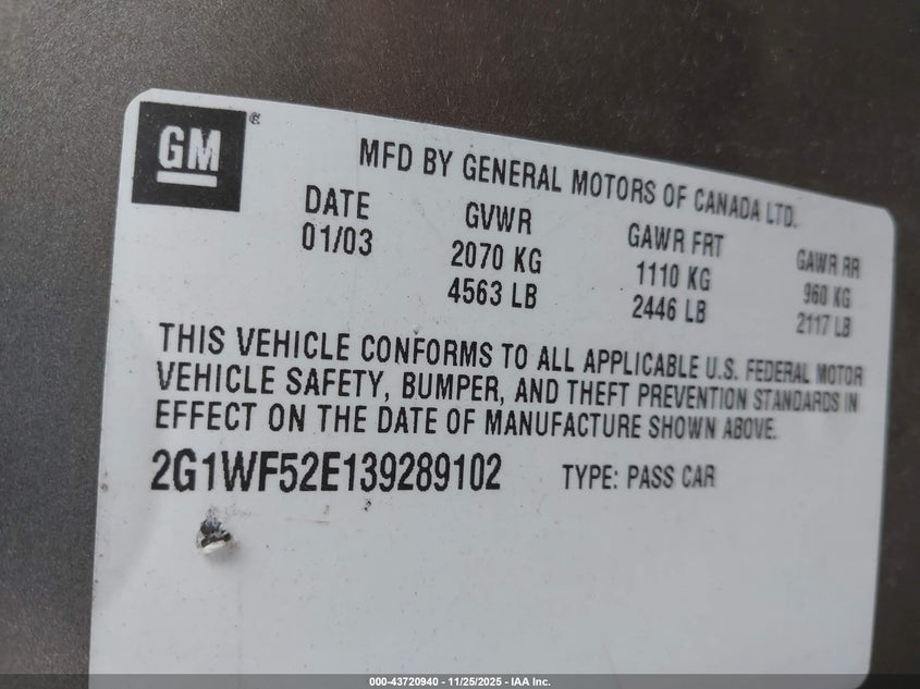 2003 Chevrolet Impala VIN: 2G1WF52E139289102 Lot: 43720940