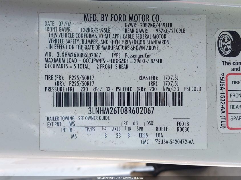 2008 Lincoln Mkz VIN: 3LNHM26T08R602067 Lot: 43720941