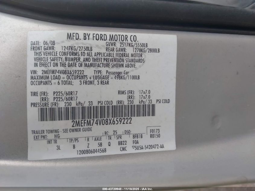 2008 Mercury Grand Marquis Gs VIN: 2MEFM74V08X659222 Lot: 43720948