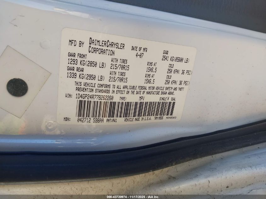 2007 Dodge Grand Caravan Se VIN: 1D4GP24R77B262260 Lot: 43720974