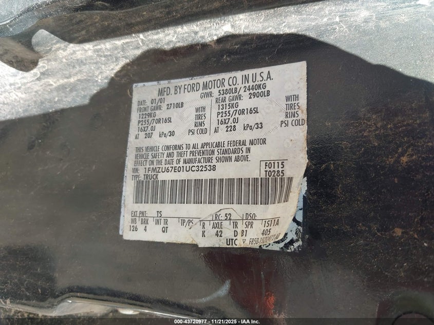 2001 Ford Explorer Sport Trac VIN: 1FMZU67E01UC32538 Lot: 43720977