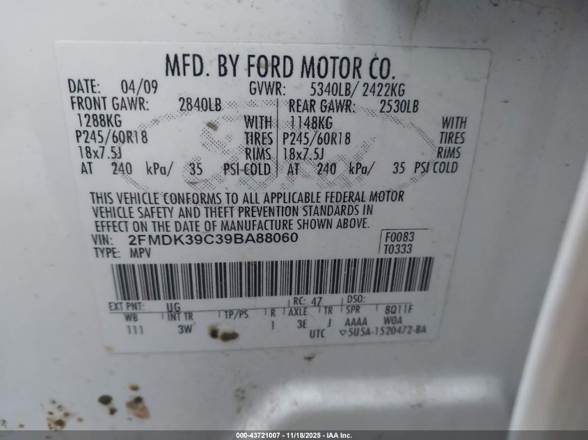 2009 Ford Edge Limited VIN: 2FMDK39C39BA88060 Lot: 43721007