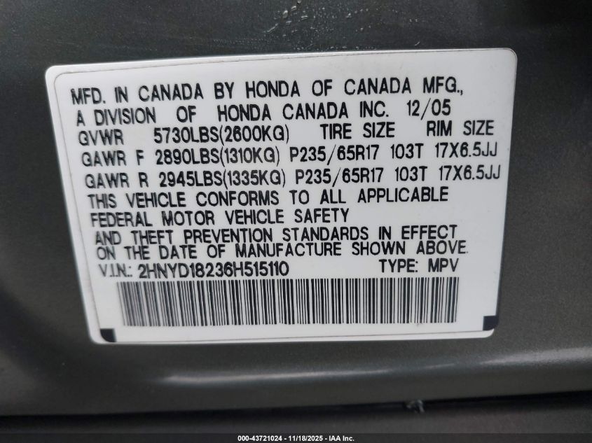 2006 Acura Mdx VIN: 2HNYD18236H515110 Lot: 43721024