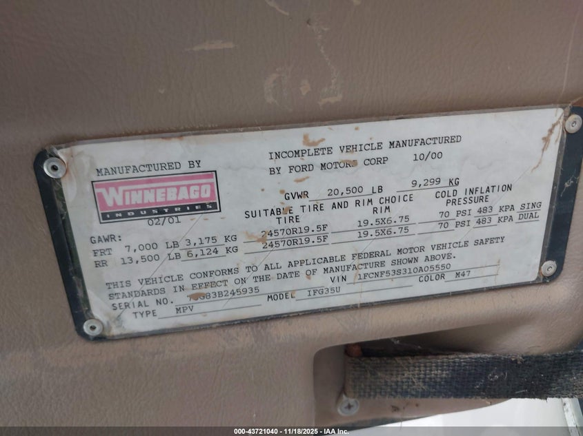 2001 Ford F550 Super Duty Stripped Chass VIN: 1FCNF53S310A05550 Lot: 43721040