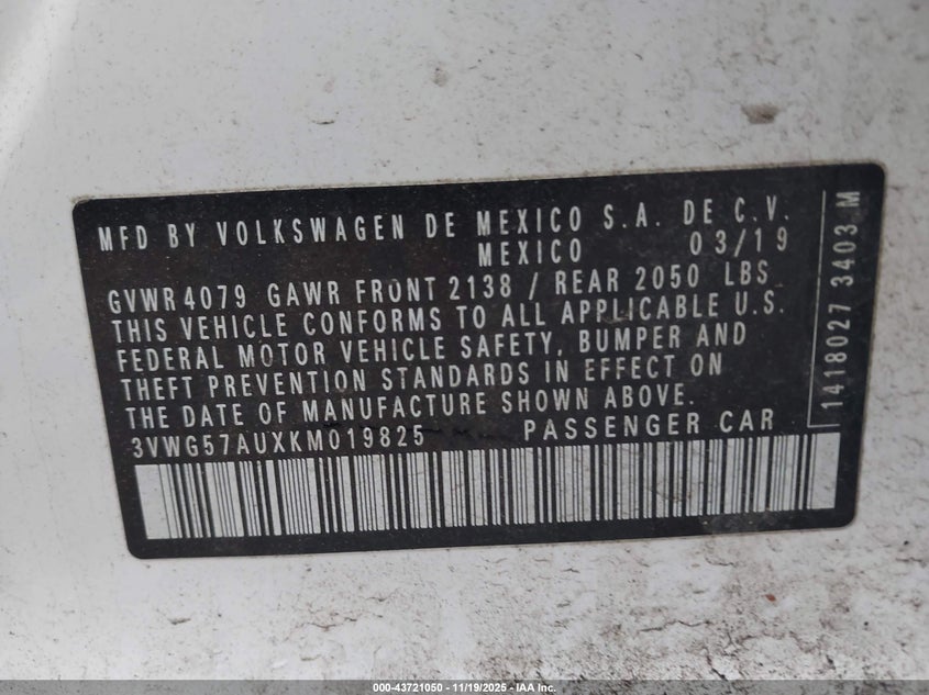 2019 Volkswagen Golf 1.4T S/1.4T Se VIN: 3VWG57AUXKM019825 Lot: 43721050