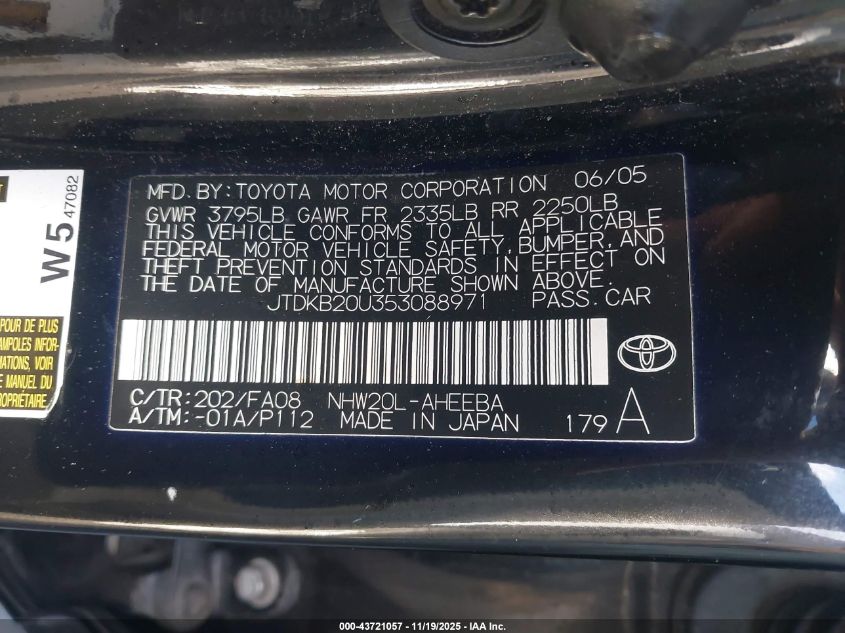 2005 Toyota Prius VIN: JTDKB20U353088971 Lot: 43721057