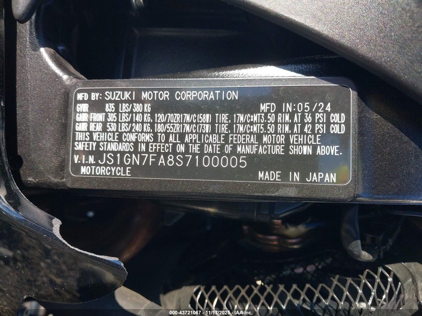 2025 Suzuki Gsx-R600 VIN: JS1GN7FA8S7100005 Lot: 43721067