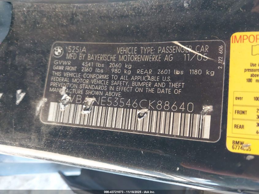 2006 BMW 525I VIN: WBANE53546CK88640 Lot: 43721073