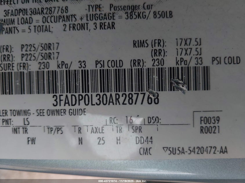 3FADP0L30AR287768 2010 FORD FUSION photo no. 9