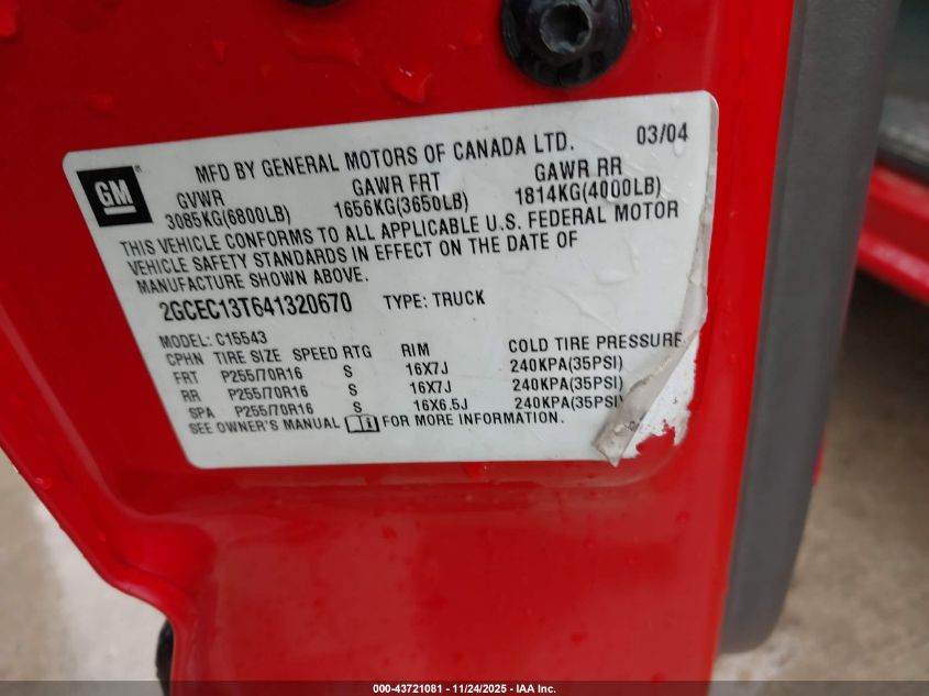 2004 Chevrolet Silverado 1500 Ls VIN: 2GCEC13T641320670 Lot: 43721081