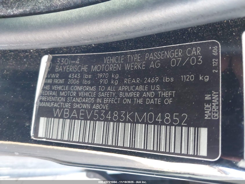 2003 BMW 330I VIN: WBAEV53483KM04852 Lot: 43721084