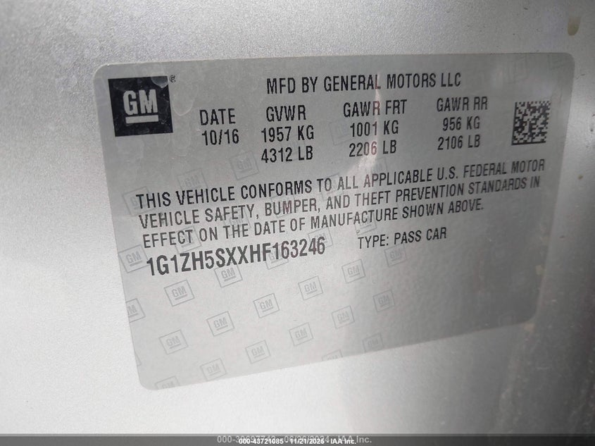 2017 Chevrolet Malibu Premier VIN: 1G1ZH5SXXHF163246 Lot: 43721085