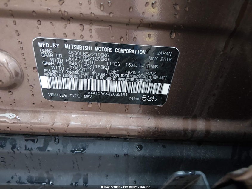 2018 Mitsubishi Eclipse Cross Es VIN: JA4AT3AAXJZ065191 Lot: 43721093