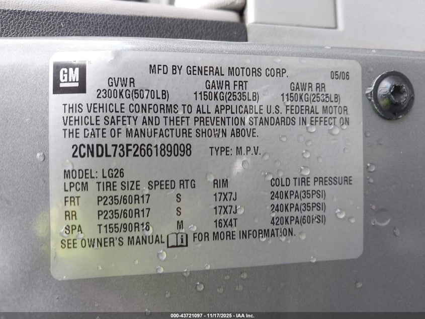 2006 Chevrolet Equinox Lt VIN: 2CNDL73F266189098 Lot: 43721097