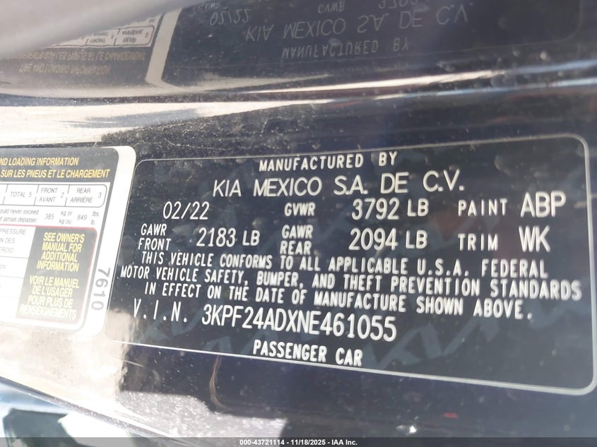 2022 Kia Forte Lxs VIN: 3KPF24ADXNE461055 Lot: 43721114
