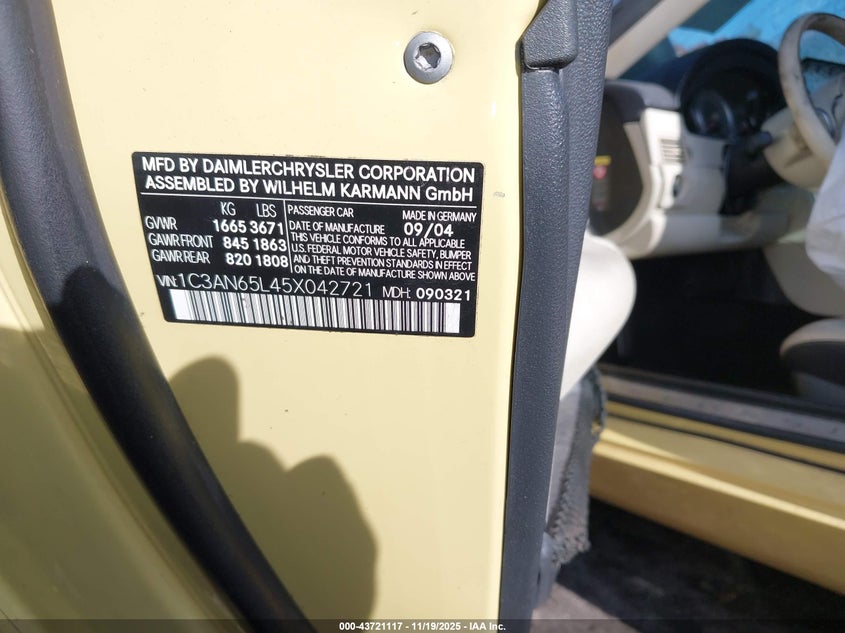 2005 Chrysler Crossfire Limited VIN: 1C3AN65L45X042721 Lot: 43721117