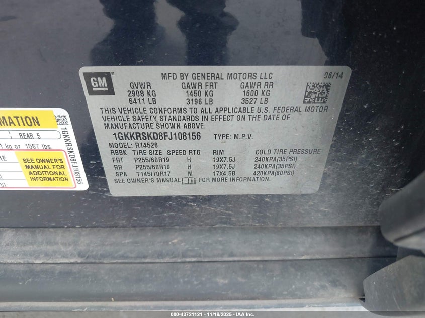 2015 GMC Acadia Slt-2 VIN: 1GKKRSKD8FJ108156 Lot: 43721121