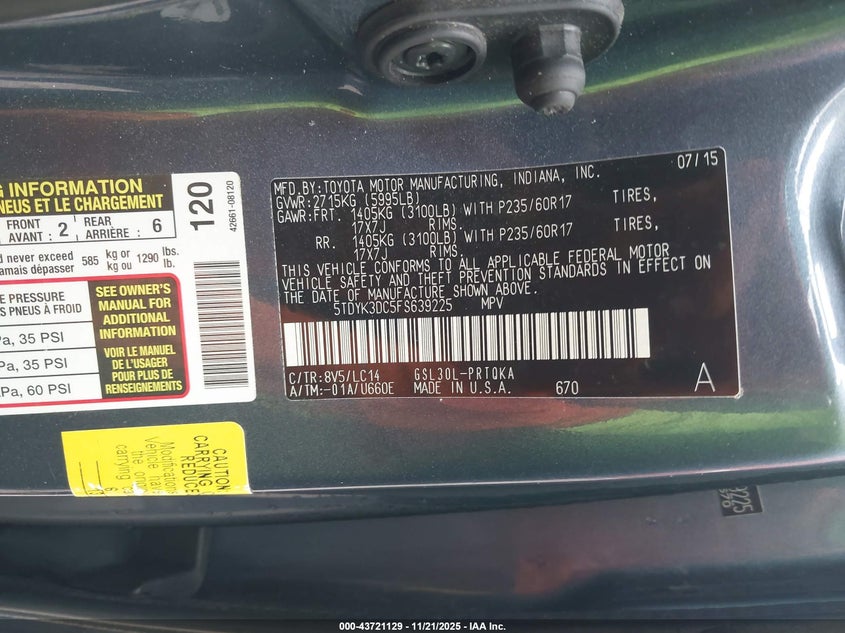 2015 Toyota Sienna Xle 8 Passenger VIN: 5TDYK3DC5FS639225 Lot: 43721129