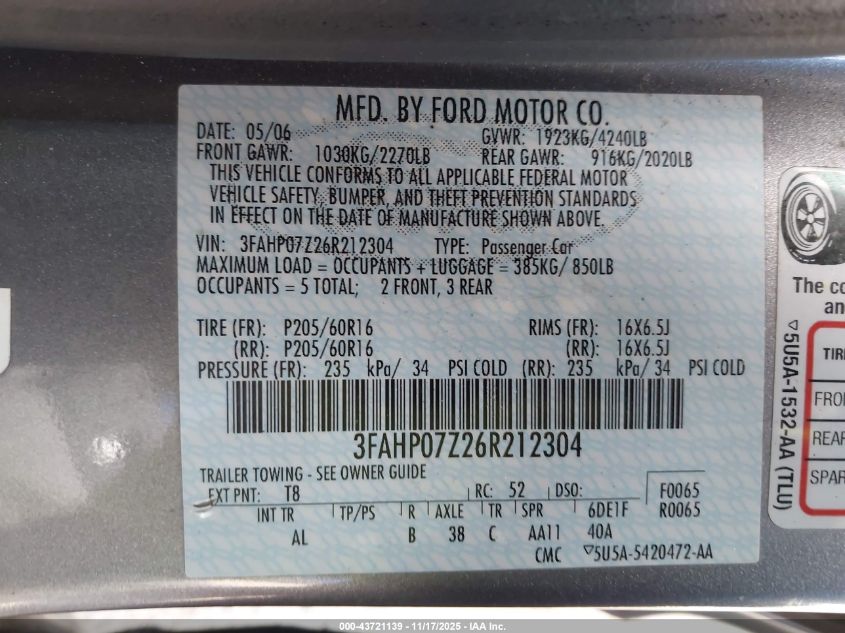 2006 Ford Fusion Se VIN: 3FAHP07Z26R212304 Lot: 43721139