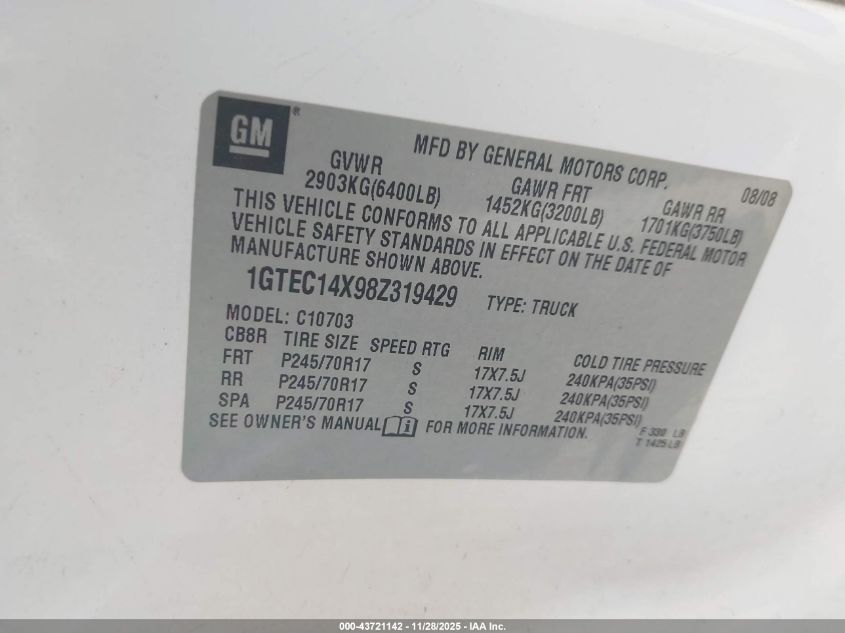 2008 GMC Sierra 1500 Work Truck VIN: 1GTEC14X98Z319429 Lot: 43721142