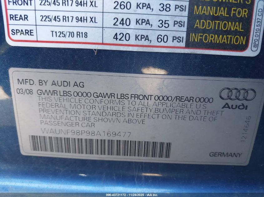 2008 Audi A3 2.0T VIN: WAUNF98P98A169477 Lot: 43721172